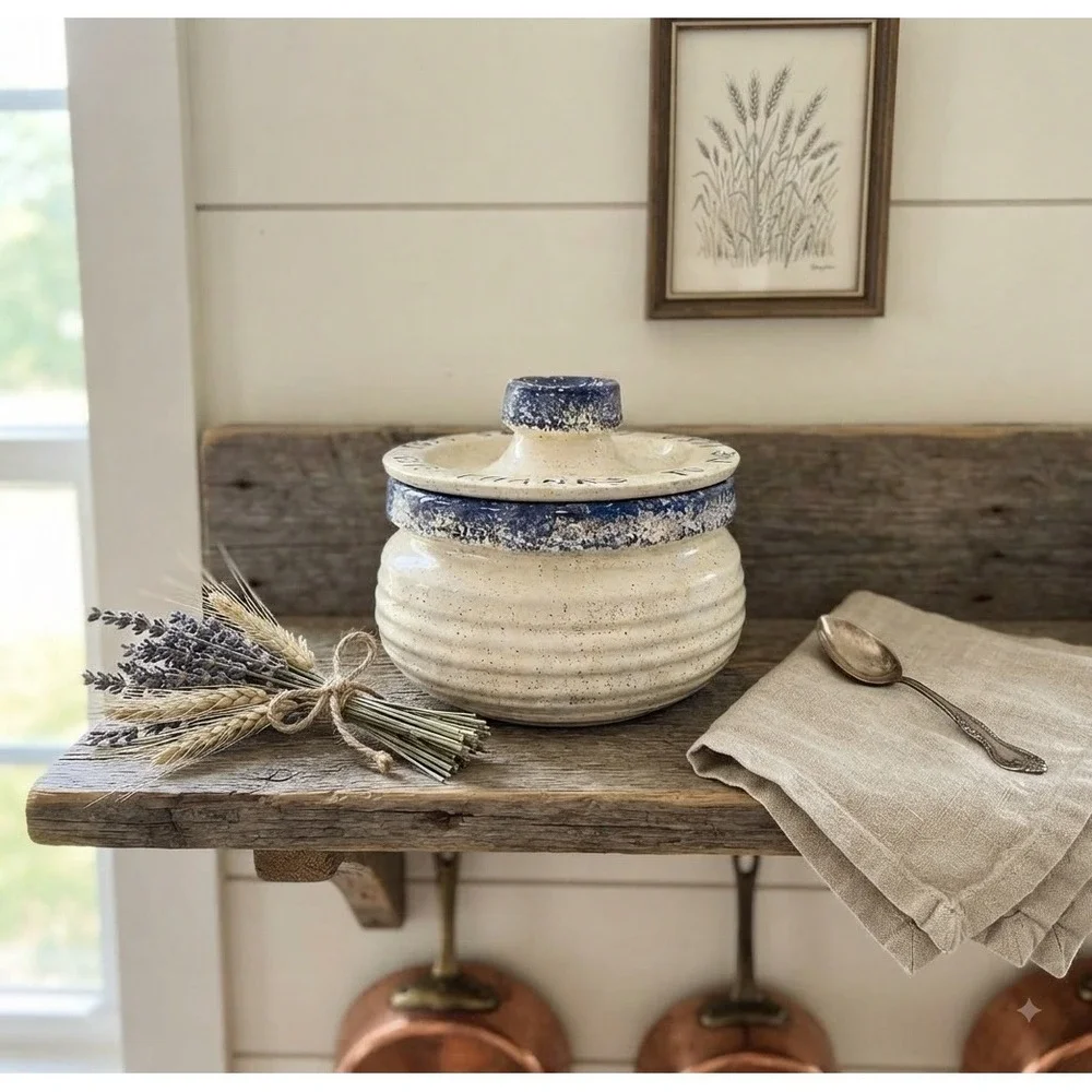 KW Studio Pottery Canister Give Thanks To The Lord Blue Cream Speckled 5x5